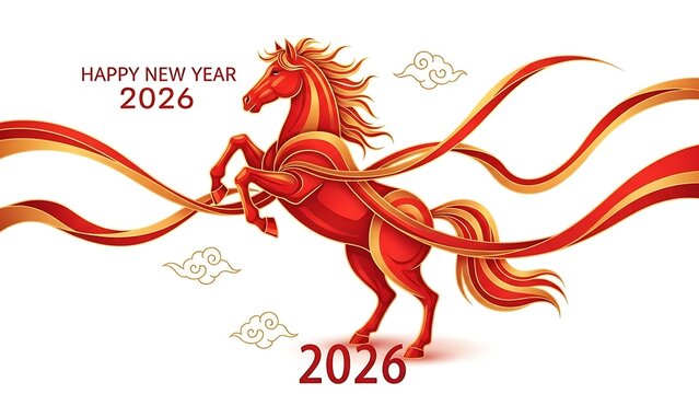 Dynamic red horse illustration for a vibrant 2026 Chinese New Year celebration, featuring flowing ribbons and traditional auspicious cloud motifs