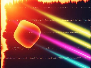 Abstract glowing orange orb crossed by colorful light rays (yellow, magenta, cyan) on a dark, heavily glitched background with film grain and light leaks.