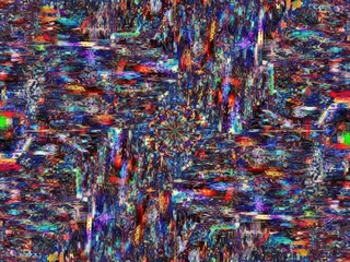 Symmetrical glitch art pattern featuring dense, vibrant streaks of blue, red, green, and yellow against dark areas, creating a colorful abstract aesthetic.