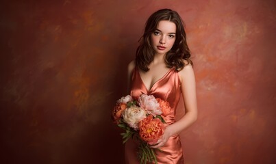 Fototapeta premium A woman in a pink dress is holding a bouquet of flowers