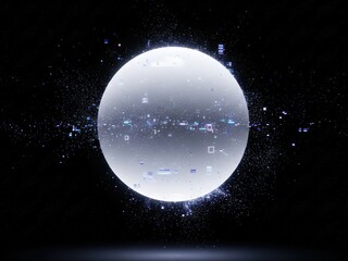 A luminous white sphere surrounded by a swirling cloud of tiny particles and colorful, glitch-like digital artifacts against a stark black background.