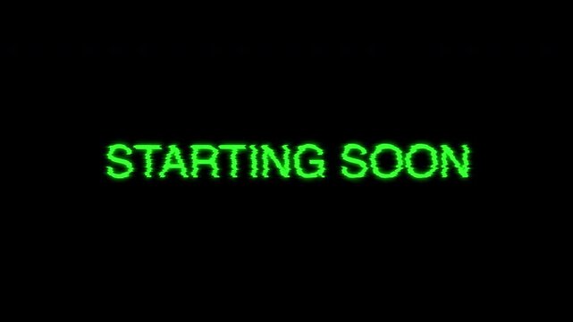 Starting soon glitch effect live stream gaming overlay green neon countdown screen ideal for streamers, gamers, and content creators preparing for a broadcast.