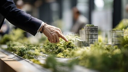Close up of a real estate agent or architect hands presenting a detailed model of a modern city development with buildings and green spaces