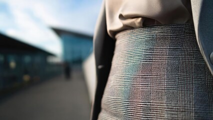 Close-up of a grey plaid tailored trouser worn by a person outdoors. Concept Grey plaid tailored trousers, close-up fashion detail, outdoors setting, street style, fabric texture