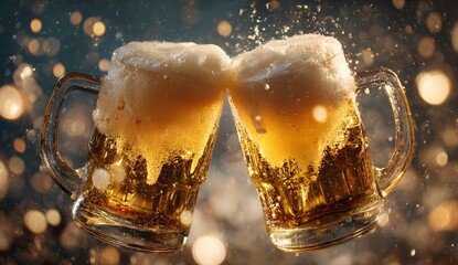 Two overflowing mugs of golden beer clinking together in a celebratory toast with a dramatic splash of foam and bright bokeh background