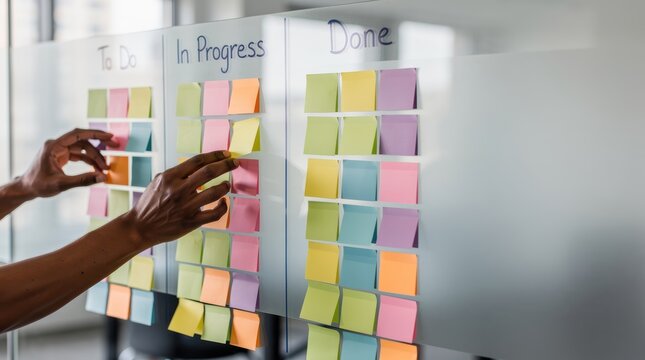 A person organizes tasks on a whiteboard using colorful sticky notes, categorizing them into "To Do," "In Progress," and "Done.