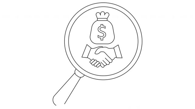 A magnifying glass focuses on a handshake below a moneybag icon with a dollar symbol