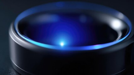 Macro shot of a camera lens with a blue glow reflecting off the glass and metallic rim. Concept Macro Lens Close-Up, Blue Glow Reflections, Glass and Metal Detail, Metallic Rim Highlight