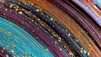 Macro shot of a vibrant iridescent surface with blue, purple and orange stripes and scattered gold specks. Concept Macro photography, Iridescent blue-purple-orange stripes, Scattered gold specks