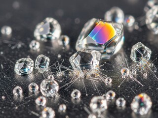 Macro shot of clear faceted crystals and spheres on a dark surface, featuring intense reflections, spectral colors, and microscopic spiky structures.