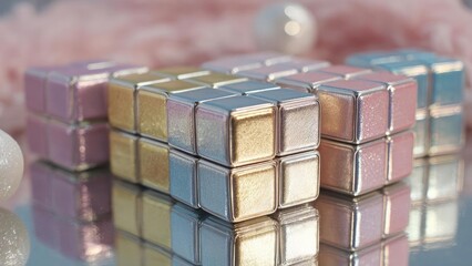 Tiny pastel-colored metallic cubes lined up in neat rows on a glossy mirrored surface. Concept Pastel Metallic Cubes, Glossy Mirror Surface, Geometric Still Life, Macro Photography, Ordered Rows