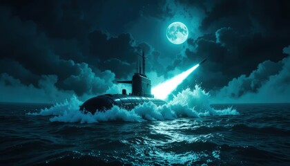 Submarine launches missile under moonlit sky in dark waters Generative AI