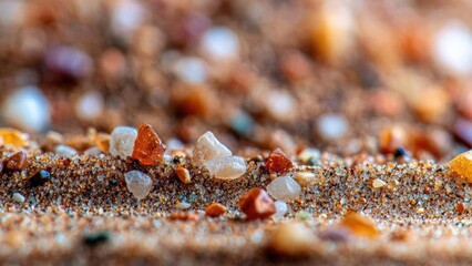 Macro shot of beach sand with tiny colorful pebbles and translucent crystals scattered across the grains. Concept Macro photography, Beach sand texture, Colorful pebbles, Translucent crystals