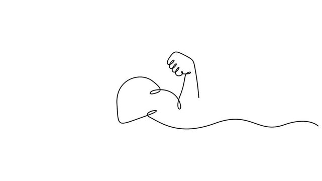 Self animated continuous one-line drawing of a human arm with a flexed bicep muscle