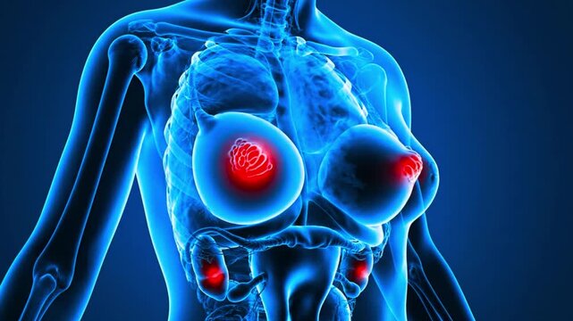 Medical 3D illustration of female anatomy showing glowing red malignant tumors in breast and abdominal area for cancer diagnosis and oncology healthcare research concept