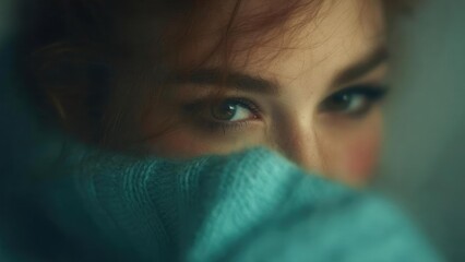 Close-up of a person with a teal scarf covering the lower face, revealing green eyes and soft moody lighting. Concept Close-up Portrait, Teal Scarf Detail, Moody Soft Lighting, Green Eyes Highlight