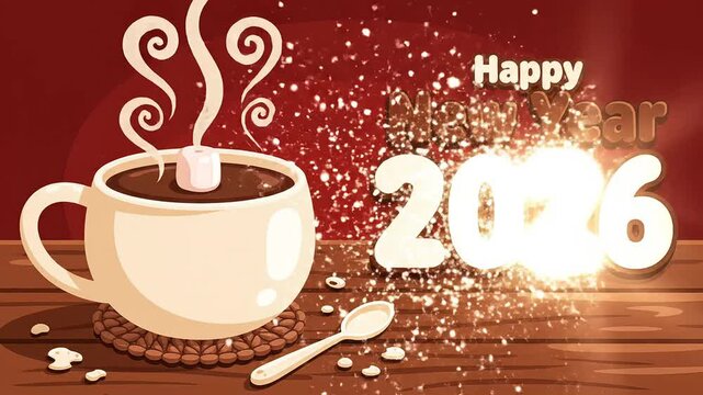 Cozy hot chocolate mug seasonal greeting 2026 celebration vector graphic