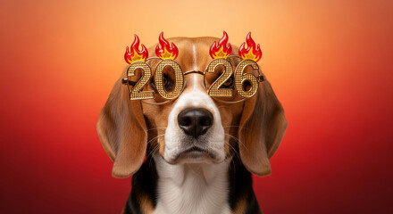 Close-up of beagle wearing glasses with number 2026 and flame details, celebrating new year. Represents humorous celebration, party mood, and anticipation