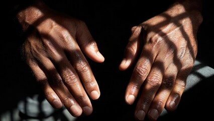Fototapeta premium Two dark-skinned hands resting on a surface, striped shadows from sunlight crossing the fingers. Concept Sunlit striped shadows, Dark-skinned hands, Hands resting on surface, Texture and light