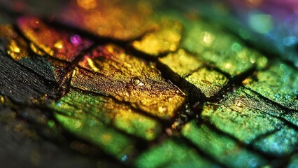 Macro shot of a butterfly wing showing iridescent rainbow scales with dark veins and tiny droplets. Concept Macro Photography, Butterfly Wings, Iridescent Scales, Dark Veins, Dew Drops