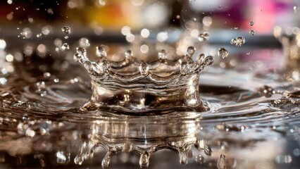 Crown-shaped water splash rising from a surface with droplets in midair. Concept Crown-Shaped Water Splash, High-Speed Water Photography, Droplets in Midair, Liquid Crown Effect, Macro Water Splash