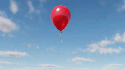 Fototapeta premium Red balloon floats against a blue sky with scattered white clouds