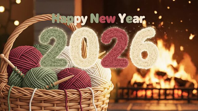 Happy new year 2026 cozy knitting scene fireplace greeting