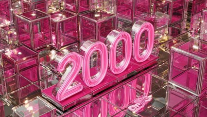 Pink neon 2000 digits arranged on a grid of mirrored pink glass cubes, creating a futuristic reflective scene. Concept Pink neon digits (2000) on mirrored pink glass cubes