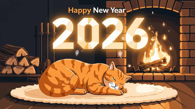 Cozy new year 2026 greeting illustration sleeping cat fireplace hearth