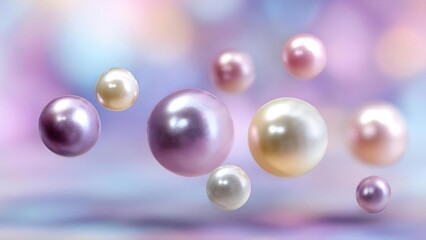 Pastel-colored pearls floating in the air against a soft, dreamy background. Concept Pastel Pearls, Dreamy Background, Floating Objects, Soft Focus Portraits, Whimsical Aesthetics