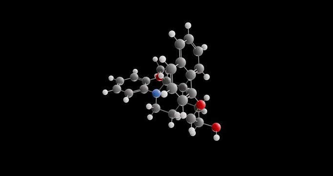 Naftopidil molecule, rotating 3D model of antihypertensive drug, looped video on a black background
