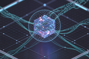 Digital Cube: An image showcases an advanced digital cube, embodying intricate computational networks, interconnected data streams, and cutting-edge technology.