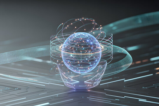 Digital Sphere of Global Connectivity: A glowing sphere, symbolizing the interconnectedness of global digital networks, sits amid lines of code and data streams. - Powered by Adobe