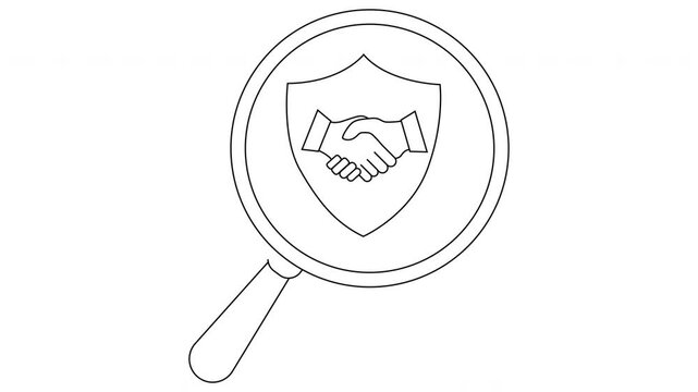 A magnifying glass focuses on a shield with a handshake inside