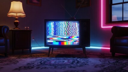 Room scene, old TV showing static, with glowing neon and dark retro furniture