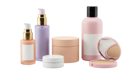 Elegant arrangement of skincare and cosmetic products with minimalist design isolated on