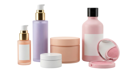 Elegant collection of skincare and beauty products with pastel packaging isolated on a clean