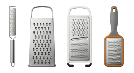 Set of four various stainless steel and plastic kitchen graters isolated on transparent background