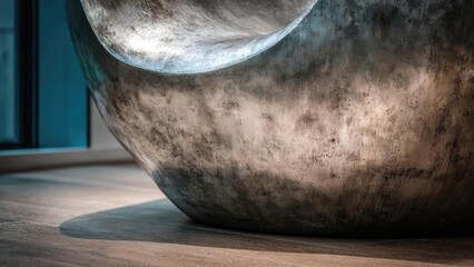 A large, weathered metal sculpture shaped like a shallow bowl resting on a wooden floor near a teal window. Concept Metal Sculpture, Weathered Texture, Abstract Form, Teal Window, Wooden Floor