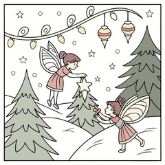 Christmas coloring page featuring a fairies' party and events of fairyland