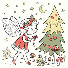 Christmas coloring page featuring a fairies' party and events of fairyland