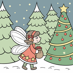 Christmas coloring page featuring a fairies' party and events of fairyland