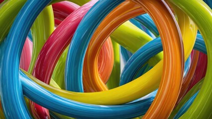 Colorful tangled plastic tubes and hoops in bright blue, yellow, orange, pink and green. Concept Tangled tubes and hoops, Bright plastic colors, Neon color palette, Playful textures, Colorful accents