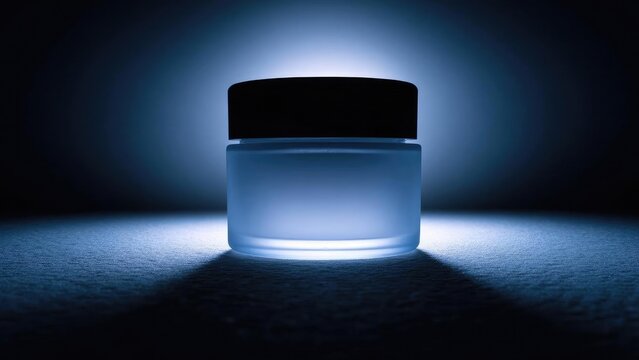 Frosted glass cosmetic jar with a black lid, glowing blue under dramatic lighting. Concept Frosted glass cosmetic jar under dramatic blue lighting, Black lid beauty shot with moody blue glow