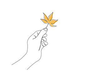 Naklejka premium Continuous one line drawing of hand holding maple leaf. Hand holds leaf line art vector illustration.