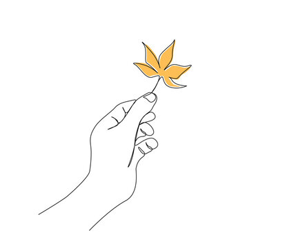 Continuous one line drawing of hand holding maple leaf. Hand holds leaf line art vector illustration.