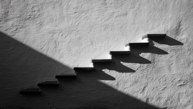 A set of steps climbing a textured wall with strong diagonal shadows creating bold, repeating shapes in black and white. Concept Black and white architectural photography - Powered by Adobe