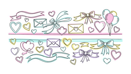 Whimsical Love & Celebration: A delightful array of hearts, ribbons, bows, balloons, and love letters in pastel colors creates a charming scene of affection and joy.