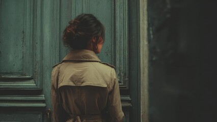 A woman with her back to the camera, wearing a beige trench coat, stands before a weathered green door. Concept Back-turned woman in beige trench coat, Weathered green door with rustic texture