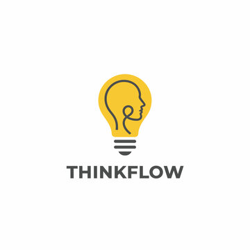A creative logo featuring a lightbulb containing a human head silhouette formed by a single line. The text "THINKFLOW" is in bold gray font
